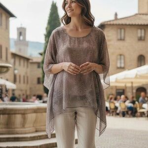 Soft Surroundings | 100% Silk Kimono/Poncho Style Top - Neutral Floral